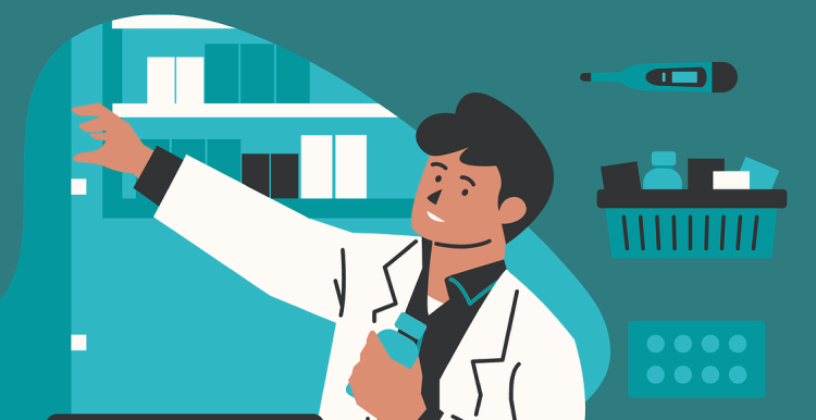 Illustration of a pharmacist reaching for medication on a shelf of the pharmacy