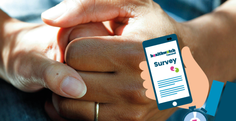 Close up of two holding hands, with a graphic of a mobile phone in the corner. On the screen of the phone it reads 'survey'. 