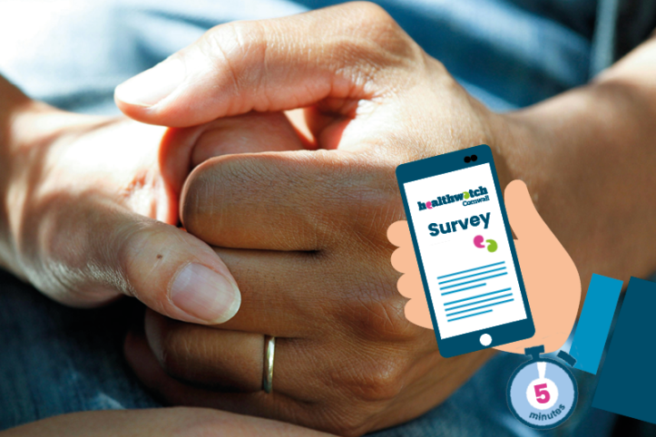 Close up of two holding hands, with a graphic of a mobile phone in the corner. On the screen of the phone it reads 'survey'. 