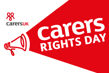 Carers uk logo and 'carers rights day' text contained within a megaphone