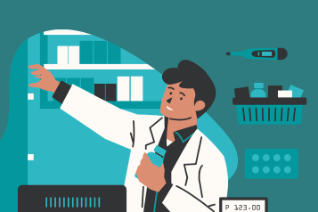 Illustration of a pharmacist reaching for medication on a shelf of the pharmacy