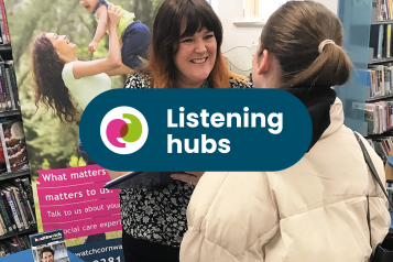 Sarah from our engagement team filling out a survey with a member of the pubic in a library. Text across the image reads, Listening Hubs