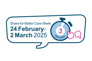Healthwatch Share for Care week logo. Contains the dates 24 Feb 0 2 Mar and an image of a clock showing 3 minutes