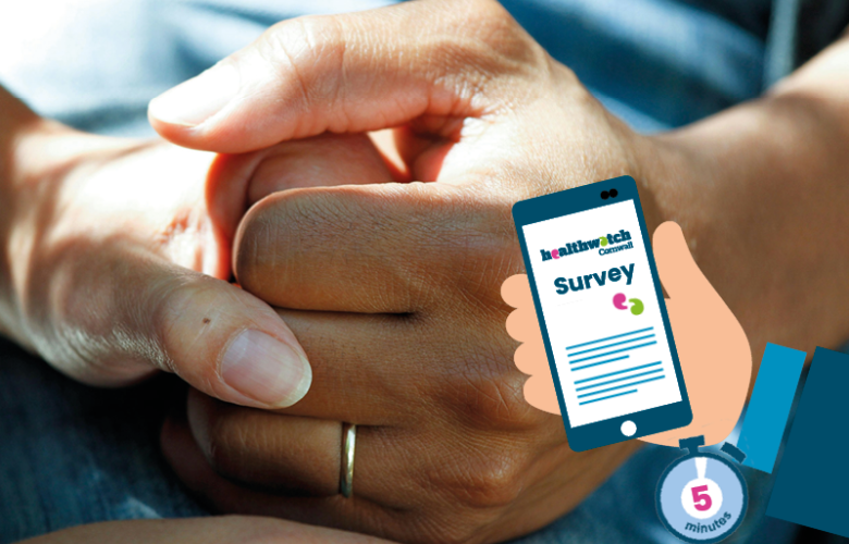 Close up of two holding hands, with a graphic of a mobile phone in the corner. On the screen of the phone it reads 'survey'. 